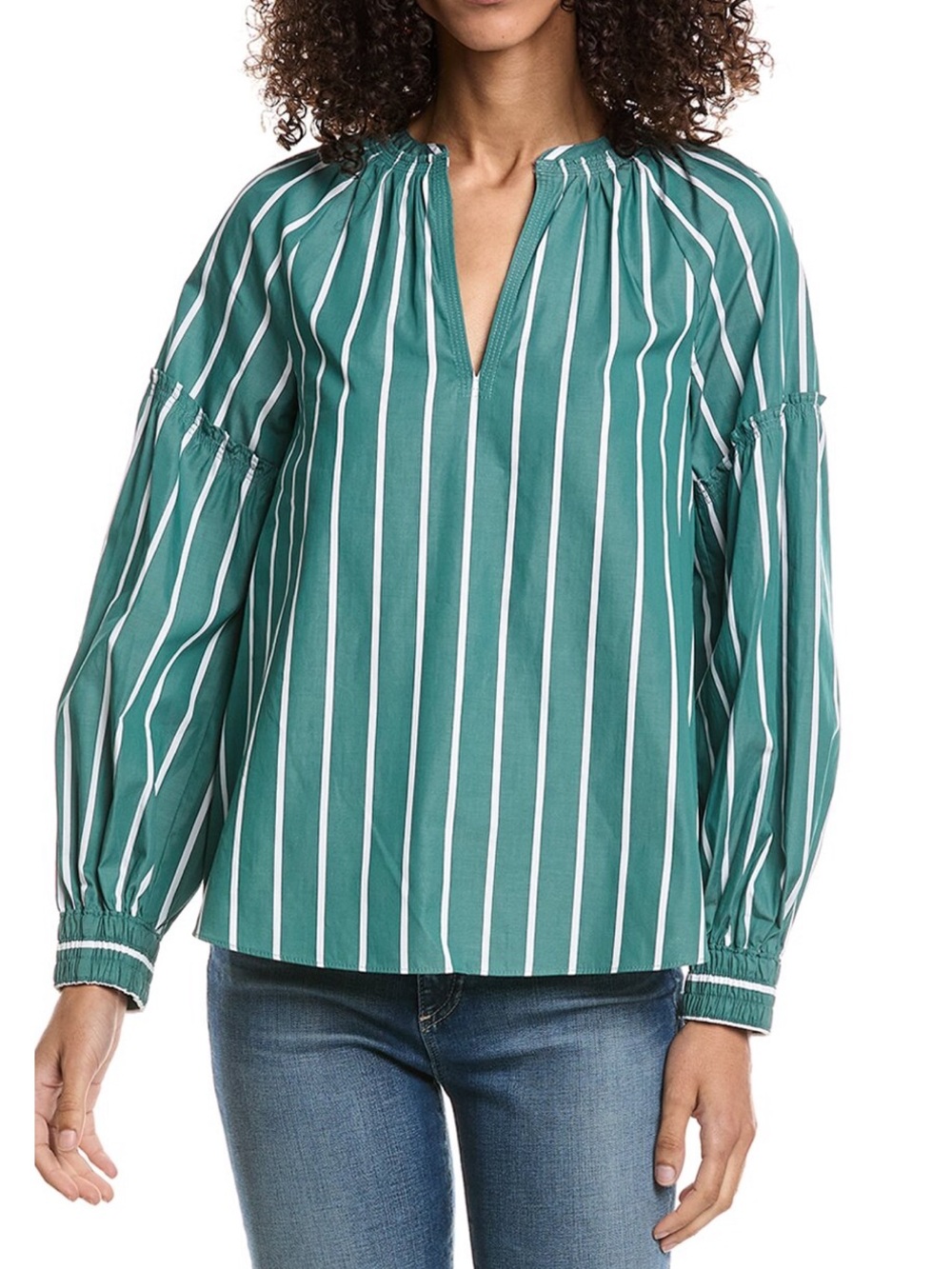 Derek Lam Green and White Striped Peasant Blouse